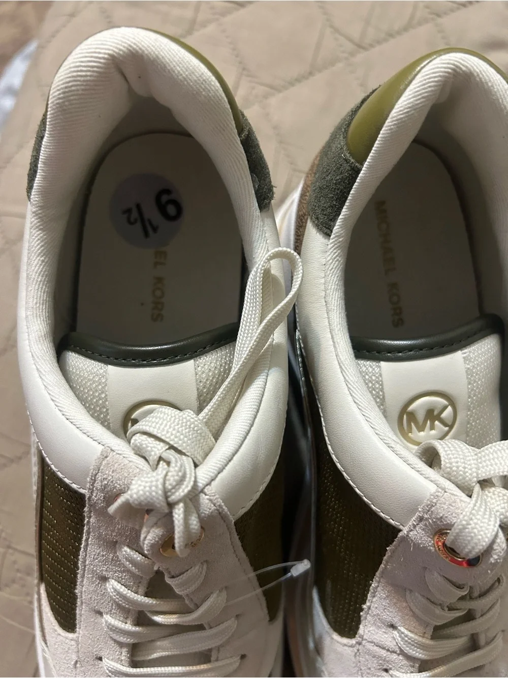Michael Kors Emmy Mixed Media Wedge Trainer Sneaker Husk Olive Gold 9.5